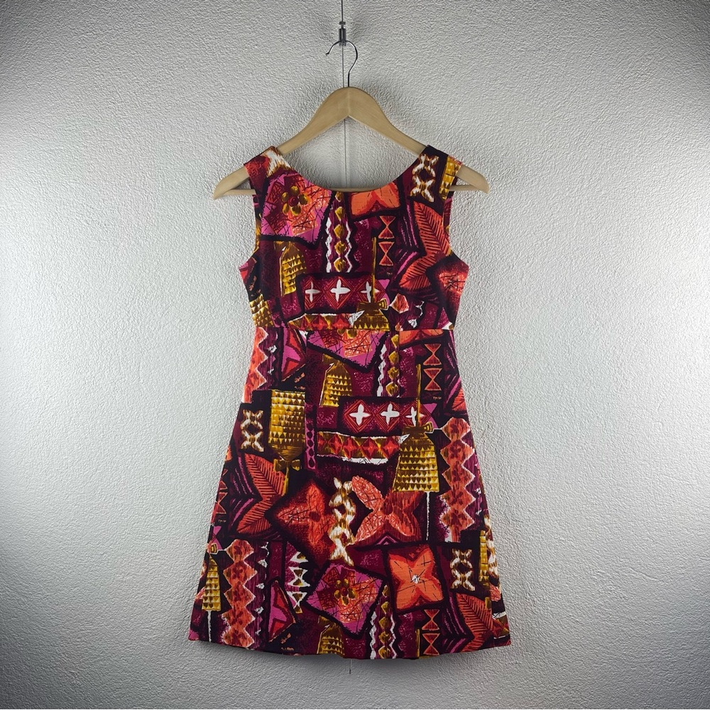Vintage l 60s XS Hawaiian Tropical Abstract Geo Tribal Barkcloth Mod Mini Dress